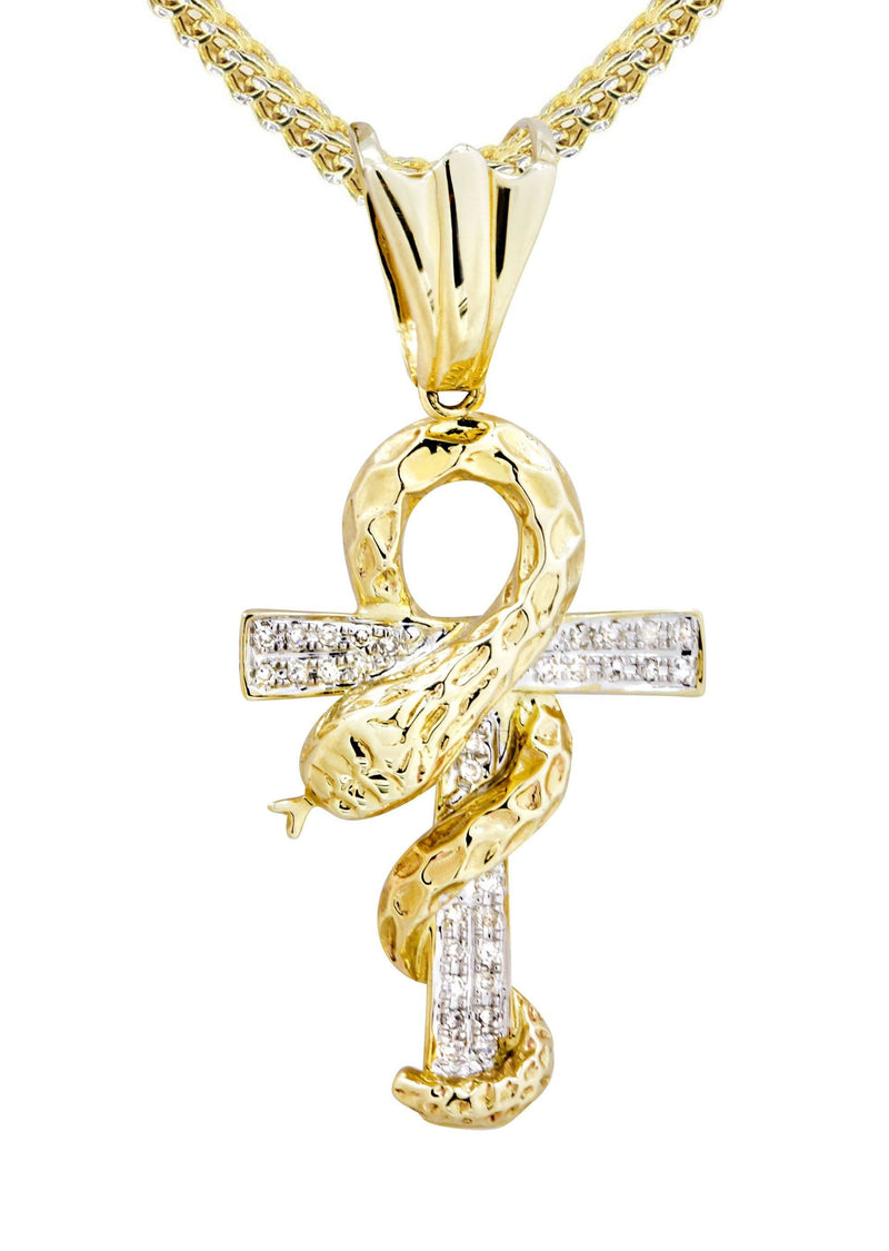 10K Yellow Gold Serpent Ankh Diamond Necklace  | 0.17 Carats