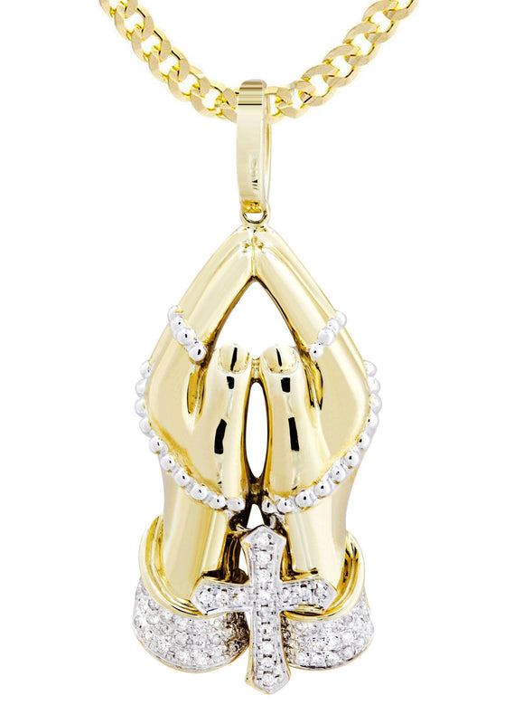 10K Yellow Gold Praying Hands Diamond Necklace  | 0.46 Carats