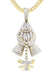 14K Yellow Gold Praying Hands Diamond Necklace  | 3.01 Carats