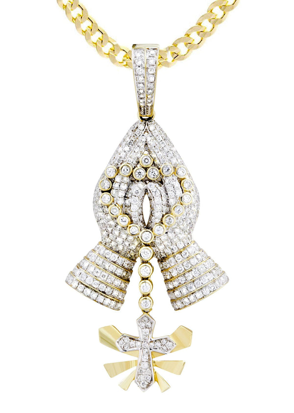 14K Yellow Gold Praying Hands Diamond Necklace  | 3.01 Carats