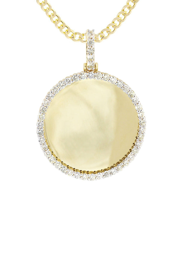 Full Diamond 10K Yellow Gold Small Round Picture Pendant Necklace | 1.45 Carats | Appx. 16 Grams