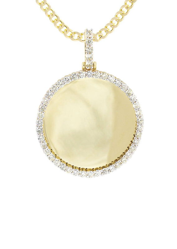 Full Diamond 10K Yellow Gold Small Round Picture Pendant Necklace | 1.45 Carats | Appx. 16 Grams
