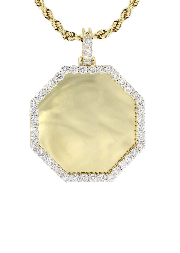 Full Diamond 10K Yellow Gold Small Octagon Picture Pendant Necklace | 1.51 Carats | Appx. 17 Grams