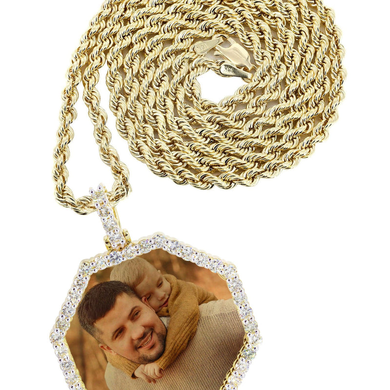 Full Diamond 10K Yellow Gold Medium Octagon Picture Pendant Necklace | 2.23 Carats | Appx. 20 Grams