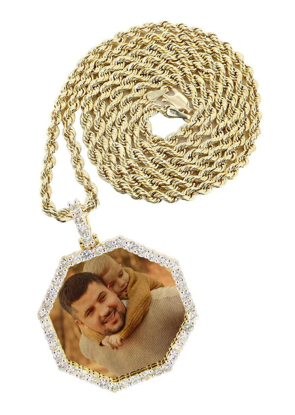 Full Diamond 10K Yellow Gold Medium Octagon Picture Pendant Necklace | 2.23 Carats | Appx. 20 Grams
