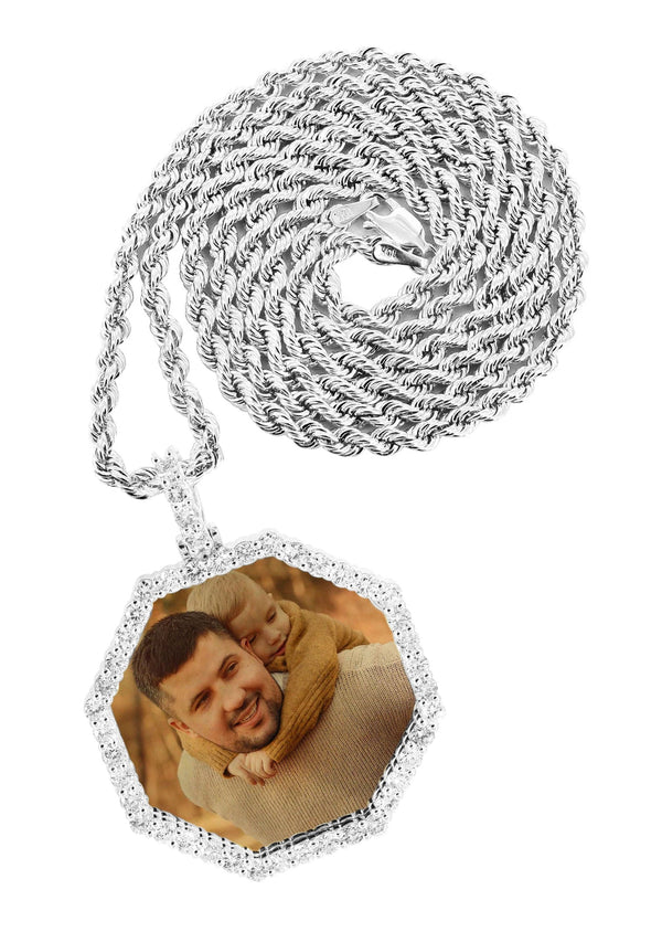 Full Diamond 10K White Gold Medium Octagon Picture Pendant Necklace | 2.23 Carats | Appx. 20 Grams