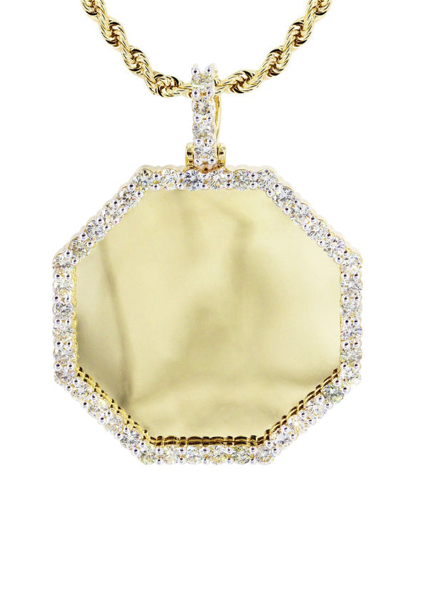Full Diamond 10K Yellow Gold Medium Octagon Picture Pendant Necklace | 2.23 Carats | Appx. 20 Grams