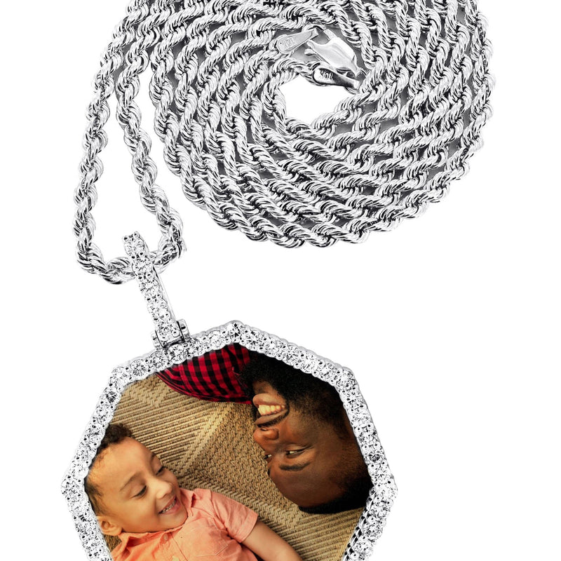 Full Diamond 10K White Gold Large Octagon Picture Pendant Necklace | 2.69 Carats | Appx. 20 Grams