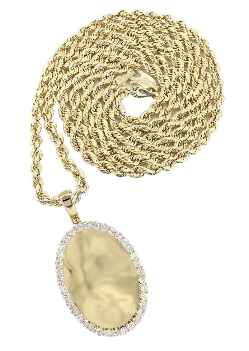 Diamond 10K Yellow Gold Medium Oval Picture Pendant Necklace | 3.33 Carats | Appx. 23 Grams