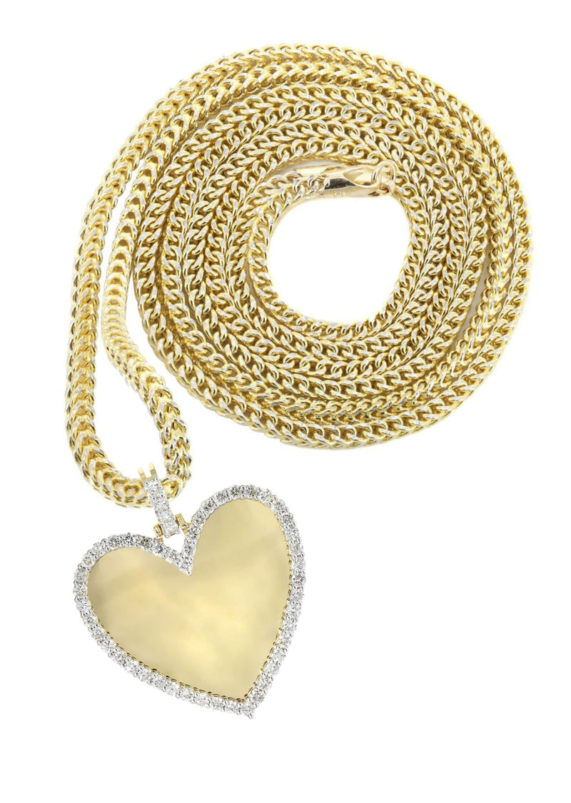 Diamond 10K Yellow Gold Small Heart Picture Pendant Necklace | 1.37 Carats | Appx. 15 Grams