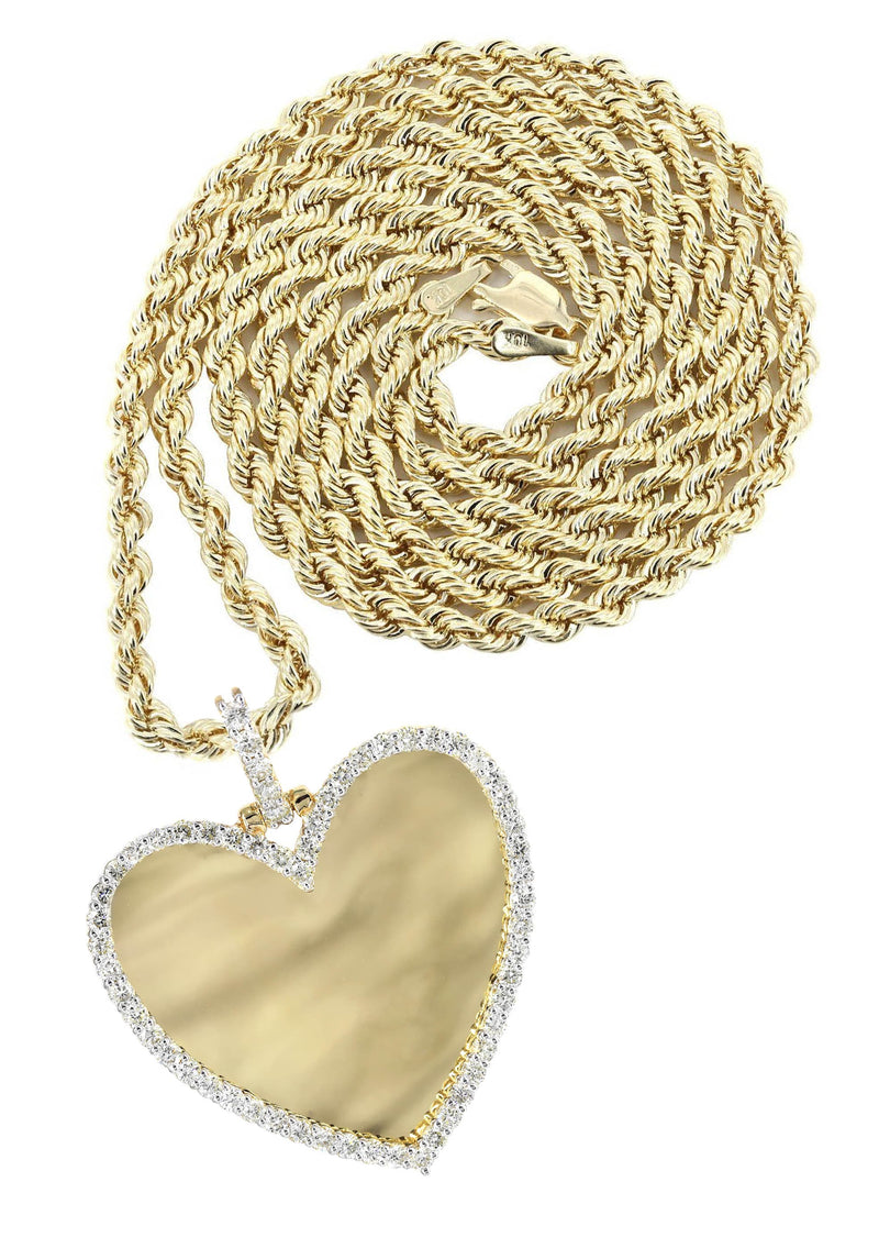Diamond 10K Yellow Gold Medium Heart Picture Pendant Necklace | 1.83 Carats | Appx. 18 Grams