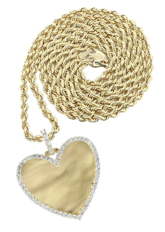 Diamond 10K Yellow Gold Medium Heart Picture Pendant Necklace | 1.83 Carats | Appx. 18 Grams