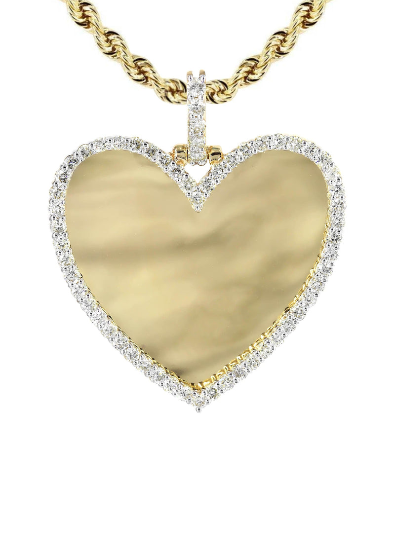 Diamond 10K Yellow Gold Medium Heart Picture Pendant Necklace | 1.83 Carats | Appx. 18 Grams