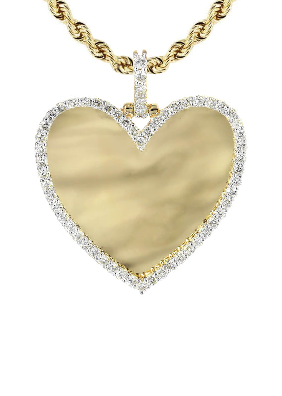 Diamond 10K Yellow Gold Medium Heart Picture Pendant Necklace | 1.83 Carats | Appx. 18 Grams