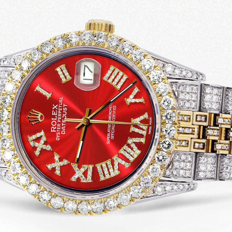 Iced Out Rolex Datejust 36 MM | Two Tone | 10 Carats of Diamonds | Red Roman Diamond Dial