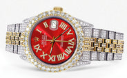 Iced Out Rolex Datejust 36 MM | Two Tone | 10 Carats of Diamonds | Red Roman Diamond Dial