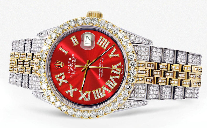 Iced Out Rolex Datejust 36 MM | Two Tone | 10 Carats of Diamonds | Red Roman Diamond Dial