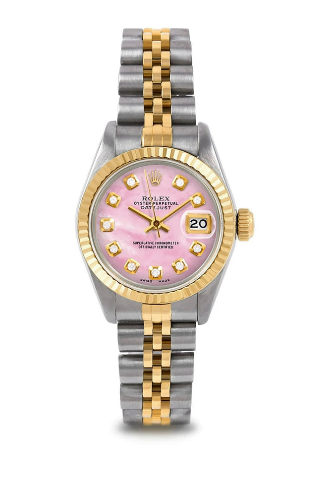 Rolex Datejust 69173 26MM Pink Mop Diamond  Dial With Two Tone Jubilee Bangle Diamond Earrings