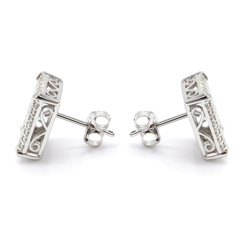 Silver Micro Pave Clear Rectangle CZ Stud Earrings | Appx. 3 Grams