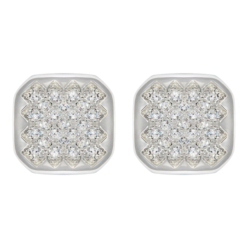 Silver Micro Pave Clear Sun Square CZ Stud Earrings | Appx. 3 Grams