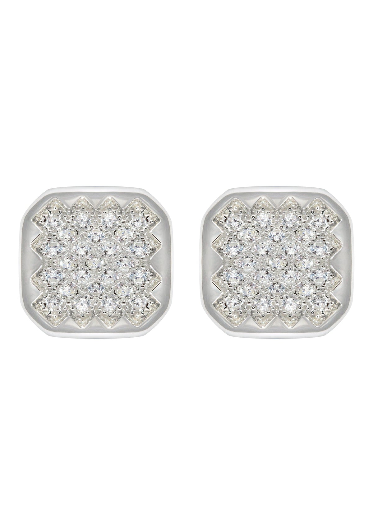 Silver Micro Pave Clear Sun Square CZ Stud Earrings | Appx. 3 Grams