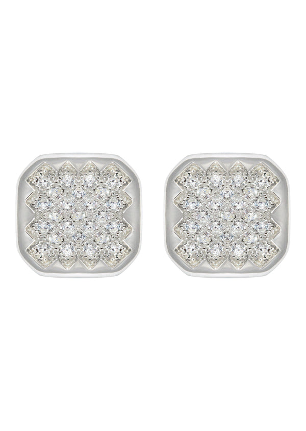 Silver Micro Pave Clear Sun Square CZ Stud Earrings | Appx. 3 Grams