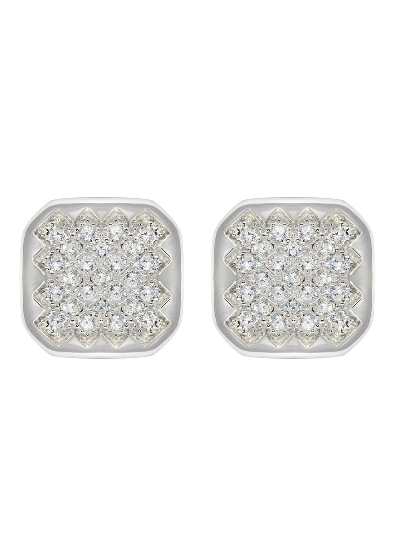 Silver Micro Pave Clear Sun Square CZ Stud Earrings | Appx. 3 Grams