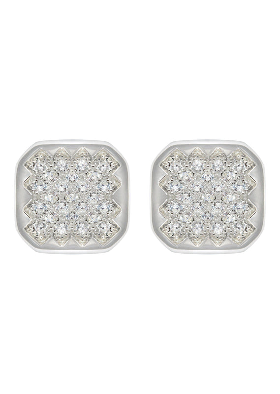 Silver Micro Pave Clear Sun Square CZ Stud Earrings | Appx. 3 Grams