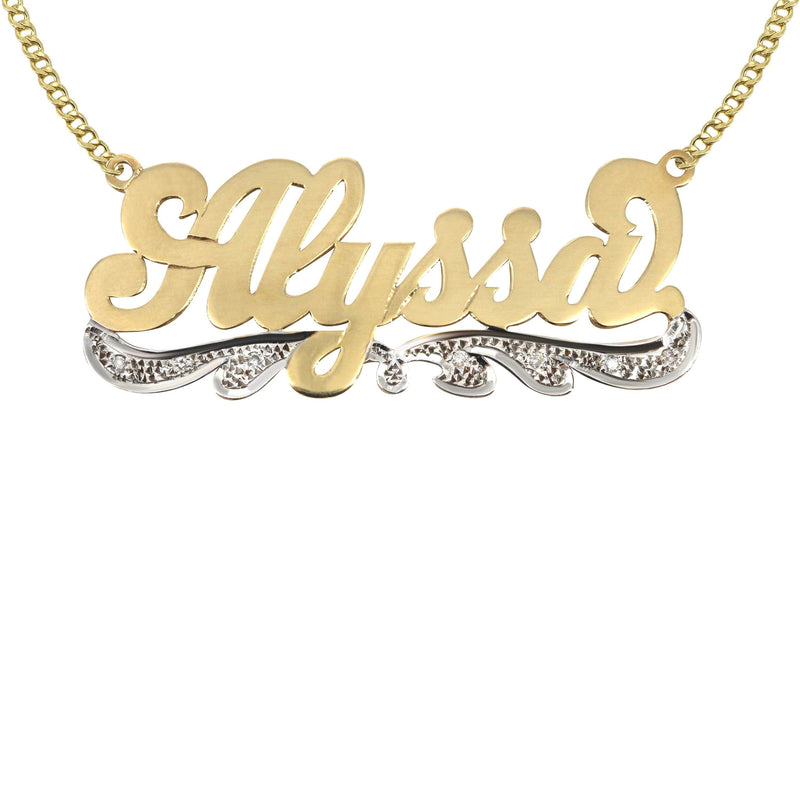 14K Gold  Plain & Diamond Cut with Diamonds Name Plate Necklace | Style #65