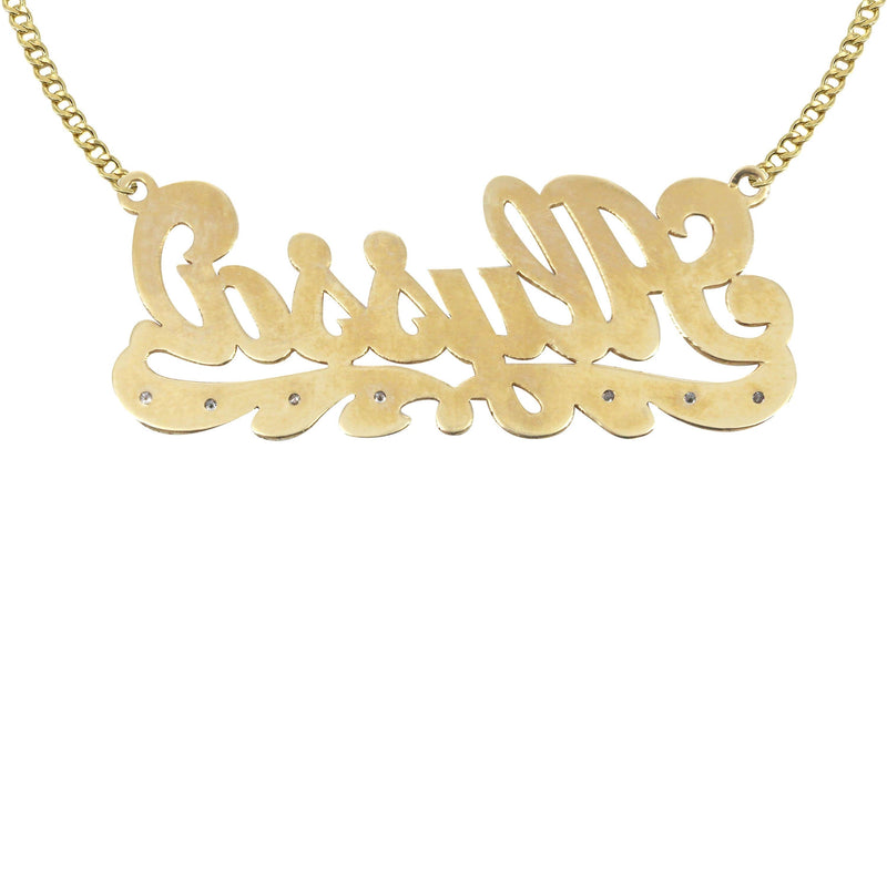 14K Gold  Plain & Diamond Cut with Diamonds Name Plate Necklace | Style #65