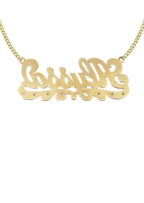 14K Gold  Plain & Diamond Cut with Diamonds Name Plate Necklace | Style #65