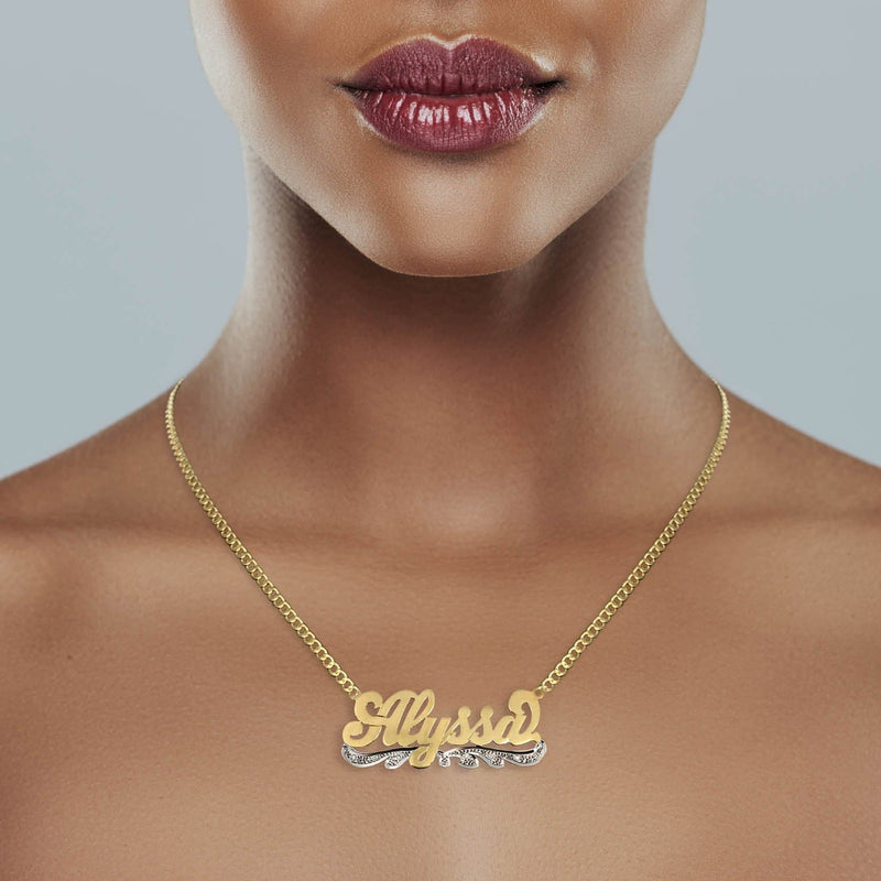 14K Gold  Plain & Diamond Cut with Diamonds Name Plate Necklace | Style #65