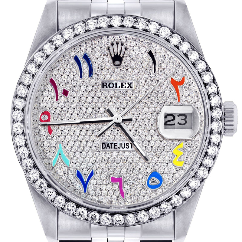Diamond Mens Rolex Datejust Watch 16200  | 36MM | Full Diamond Color Arabic Dial | Jubilee Band