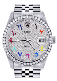 Diamond Mens Rolex Datejust Watch 16200  | 36MM | Full Diamond Color Arabic Dial | Jubilee Band