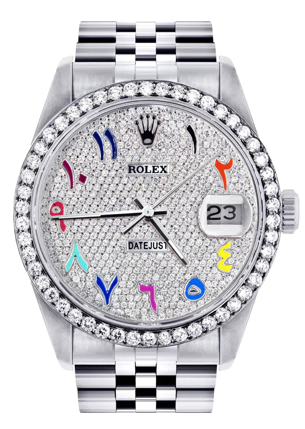 Diamond Rolex Datejust Watch 16200 | 36MM | Full Diamond Color Arabic Dial | Stainless Steel | Jubilee Band