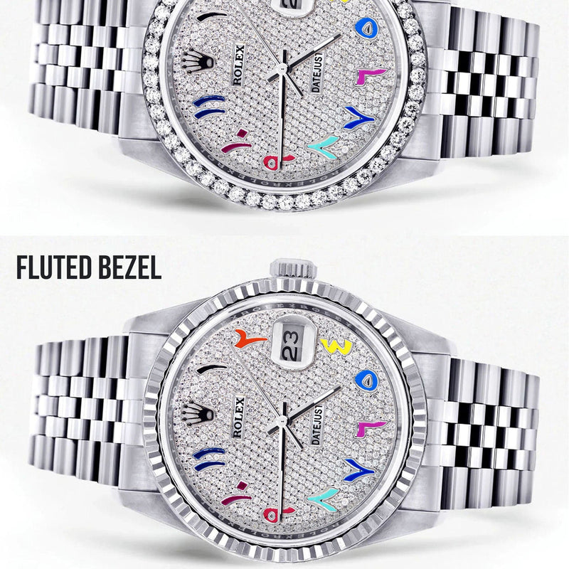Diamond Mens Rolex Datejust Watch 16200  | 36MM | Full Diamond Color Arabic Dial | Jubilee Band