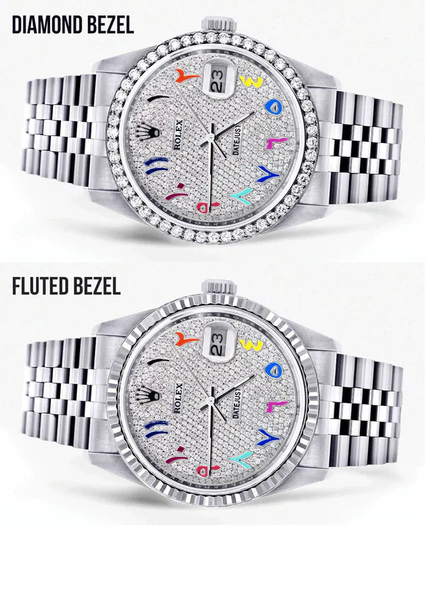 Diamond Rolex Datejust Watch 16200 | 36MM | Full Diamond Color Arabic Dial | Stainless Steel | Jubilee Band