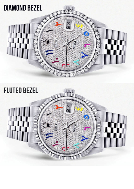 Diamond Mens Rolex Datejust Watch 16200  | 36MM | Full Diamond Color Arabic Dial | Jubilee Band
