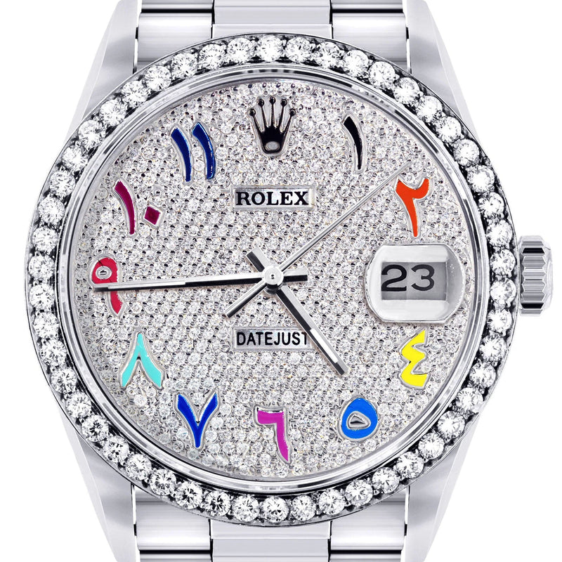 Diamond Mens Rolex Datejust Watch 16200  | 36MM | Full Diamond Color Arabic Dial | Oyster Band