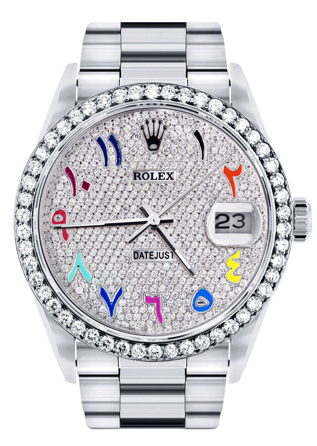 Diamond Mens Rolex Datejust Watch 16200  | 36MM | Full Diamond Color Arabic Dial | Oyster Band