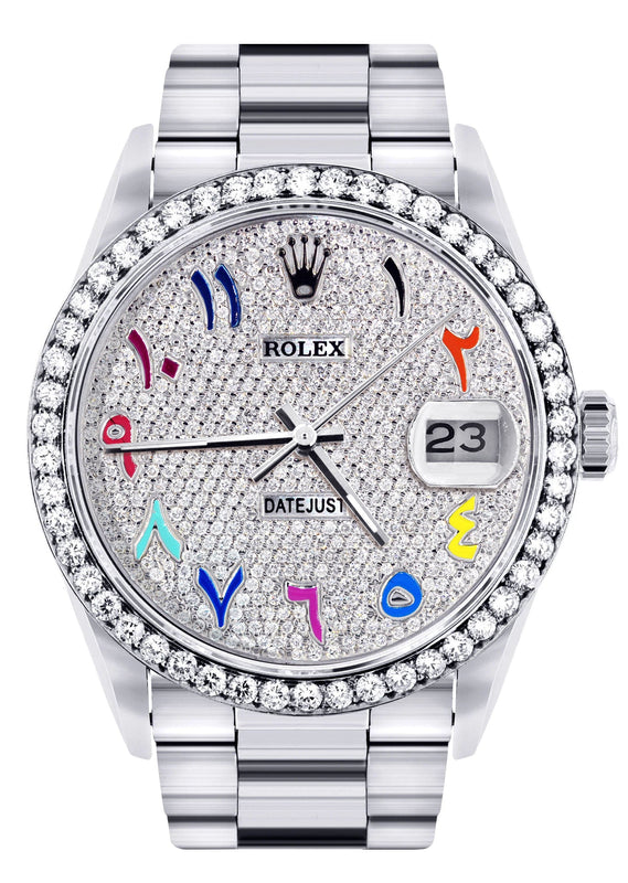 Diamond Mens Rolex Datejust Watch 16200  | 36MM | Full Diamond Color Arabic Dial | Oyster Band