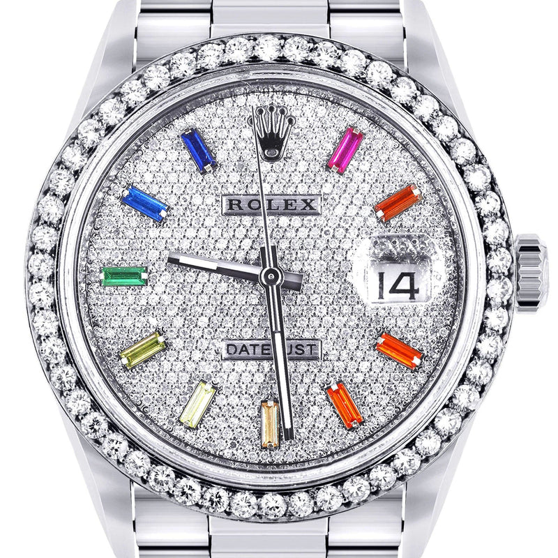 Diamond Mens Rolex Datejust Watch 16200  | 36MM | Full Diamond Color Baguettes Dial | Oyster Band