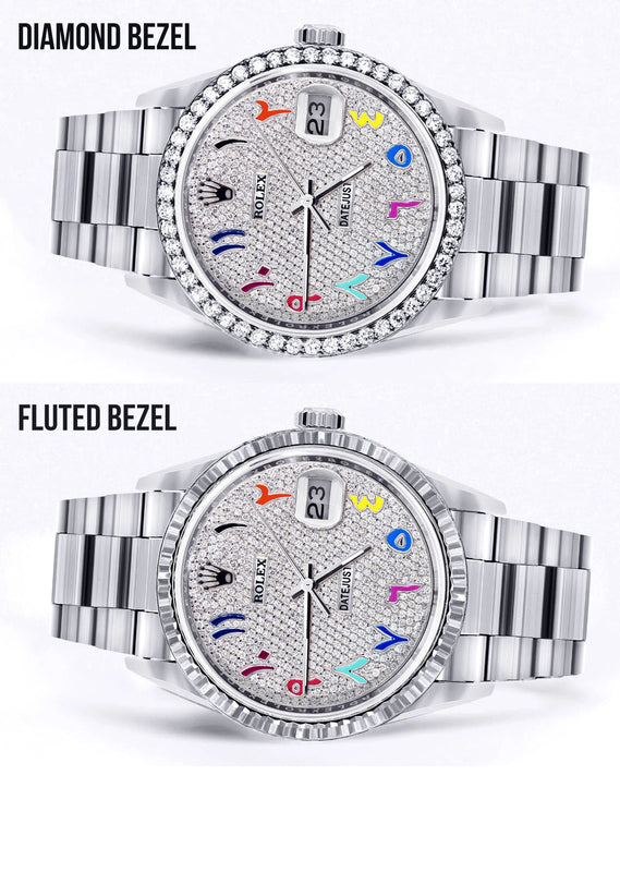 Diamond Mens Rolex Datejust Watch 16200  | 36MM | Full Diamond Color Arabic Dial | Oyster Band