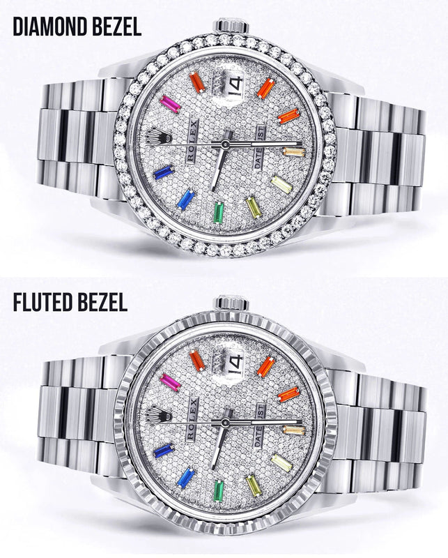Diamond Mens Rolex Datejust Watch 16200  | 36MM | Full Diamond Color Baguettes Dial | Oyster Band