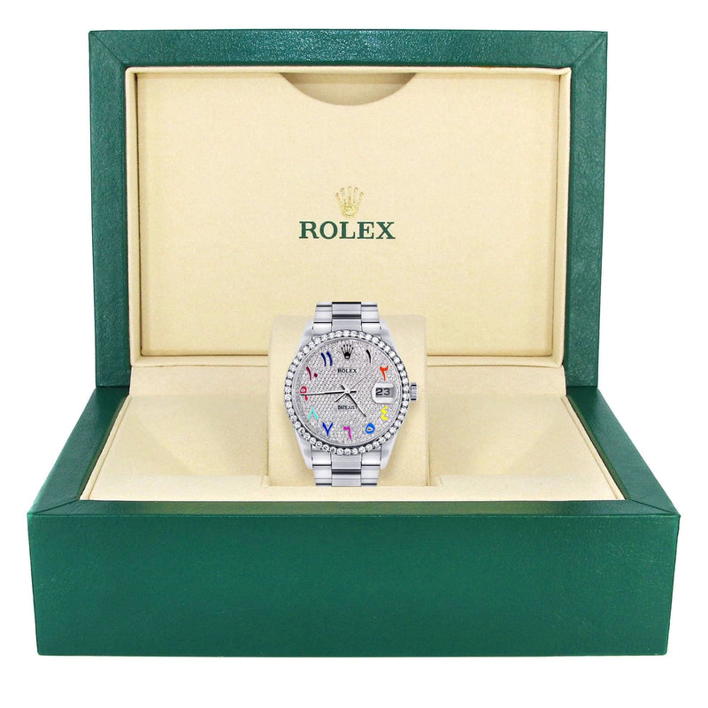 Diamond Mens Rolex Datejust Watch 16200  | 36MM | Full Diamond Color Arabic Dial | Oyster Band