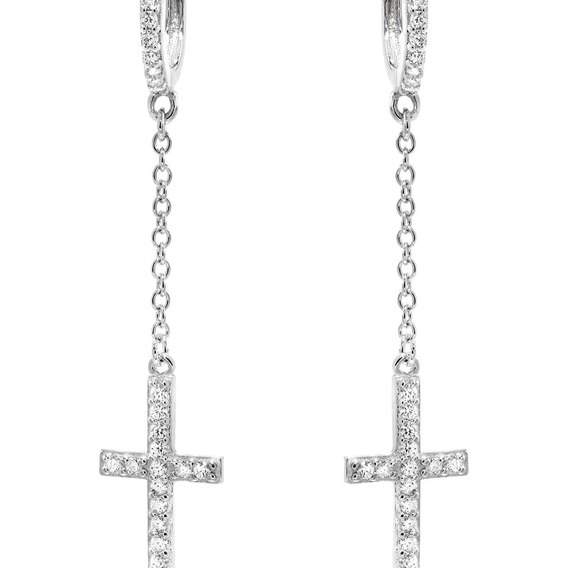 Silver Cross CZ Wire Dangling Hoop Earrings | Appx. 2.5 Grams