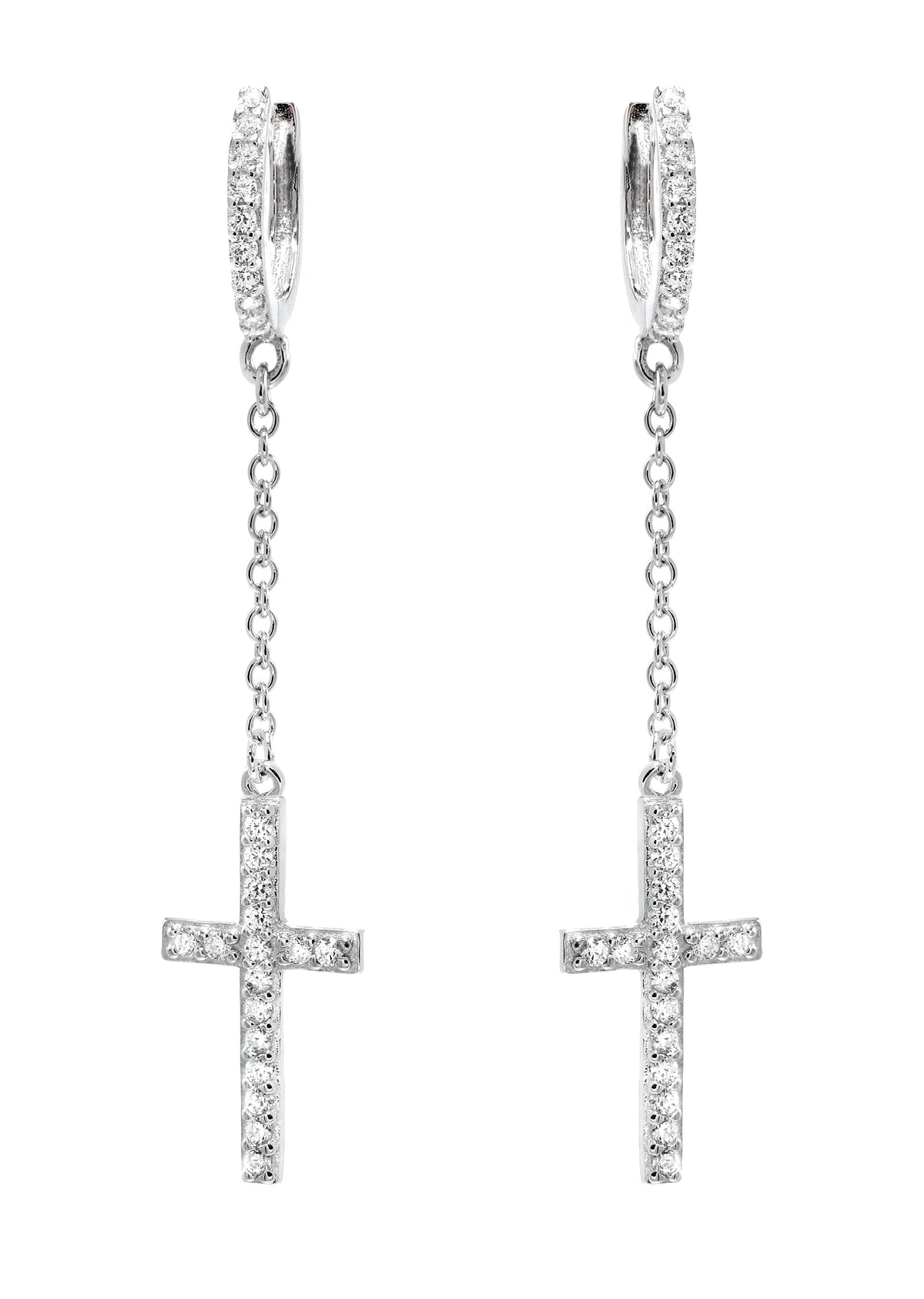 Silver Cross CZ Wire Dangling Hoop Earrings | Appx. 2.5 Grams