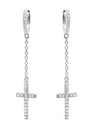 Silver Cross CZ Wire Dangling Hoop Earrings | Appx. 2.5 Grams
