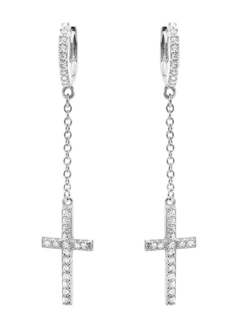 Silver Cross CZ Wire Dangling Hoop Earrings | Appx. 2.5 Grams