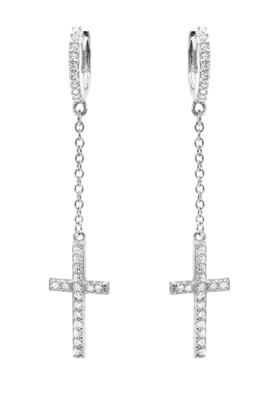 Silver Cross CZ Wire Dangling Hoop Earrings | Appx. 2.5 Grams